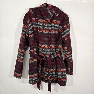 BOHO Burgundy Heritage Aztec Printed Hood Belt Tie Parka Jacket Women's Size XL.